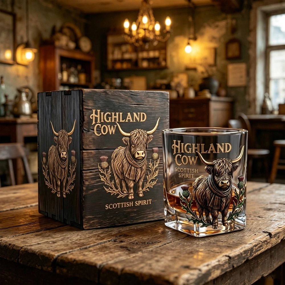 Highland Cow Whiskey Glass with Box